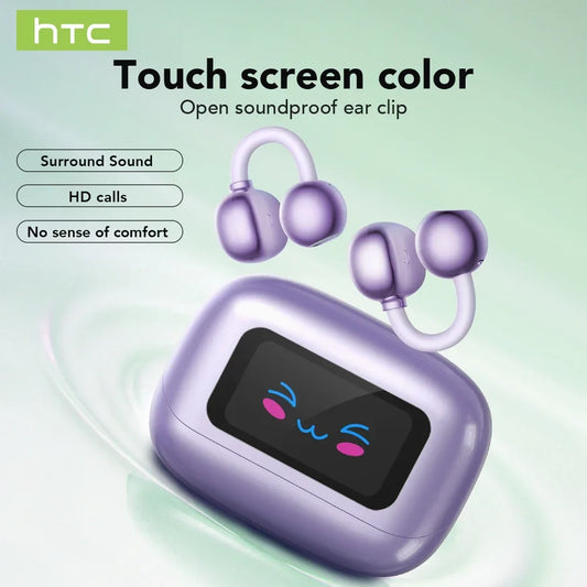 【HTC NE54】 Bluetooth V6.0 Earphones AI Translator LCD Screen Earbuds OWS Ear Clip Headphones Wireless Headphones Noise Reduction