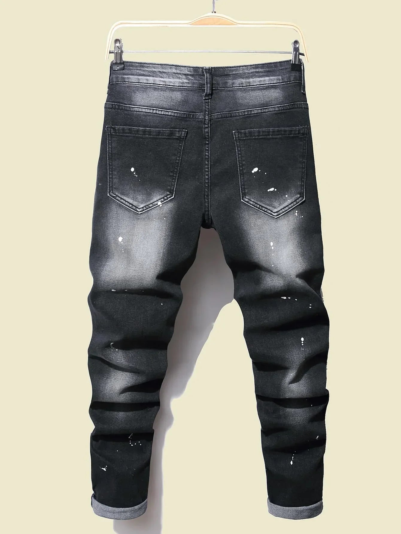 Men Black Skinny Denim Spot Jeans Male Ripped Stretch Fit Jeans Men Slim Trousers