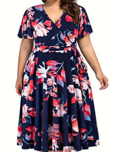 Plus Size Floral Print Cinched Waist Dress, Elegant Short Sleeve Dress