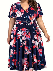 Plus Size Floral Print Cinched Waist Dress, Elegant Short Sleeve Dress