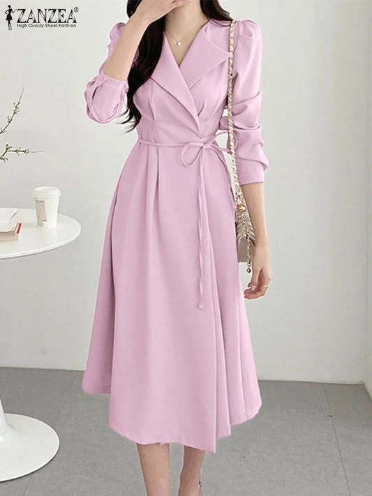 Women Spring Shirt Dress Summer Solid OL Work Midi Dress Fashion Lapel Long Sleeve