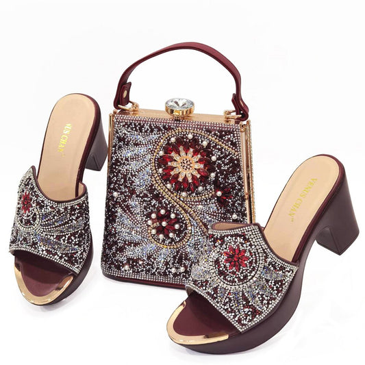 Matching Shoes and Bags: Italian gold Shoes And Bag Sets For Evening Party With Stones