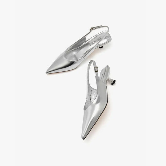 Women Genuine Cow Leather Pointed Toe Fashionable Slingback Metal