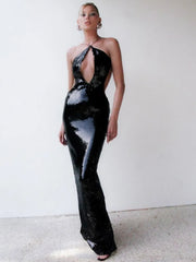 Formal attire Dresses: Women Luxury Backless Halter Black Mesh Sequins Maxi