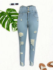 Ripped Holes Casual Skinny Jeans Autumn, Slash Pockets Pants