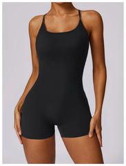 Women Fitness Jumpsuit Running Workout One Piece Yoga Suit Scrunch Butt Shorts