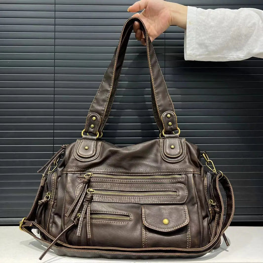 Y2K Single Shoulder Crossbody Bag Vintage Washed Leather Motorcycle Bag