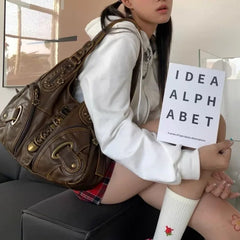 Y2k Vintage Womens Shoulder Bag Large Capacity Casual Pu Leather Tote Bag