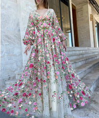 Homecoming Dresses: Sweet 3D Flower Prom Dress A-line Puffy Sleeve Party Dress