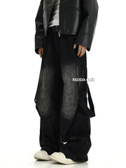 Belt Deconstructed Baggy Jeans Men Vintage Wash Destroyed Frayed