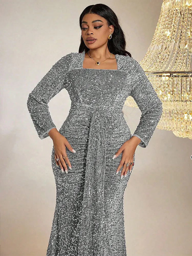 Women Plus Size Maxi Dresses Luxury Heavy Sequined Evening Gown