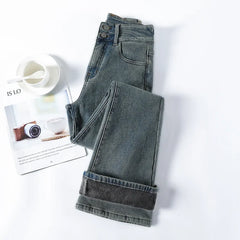 Vintage Women's Fleece Thickened Flare Jeans Winter Warm Fashion Korean Y2K