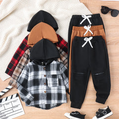 3PCS Autumn Boys Aged 2-6 Are Fashionable And Handsome, Multi-Color Plaid Hooded Long-Sleeved Top + Solid Color Pants Set