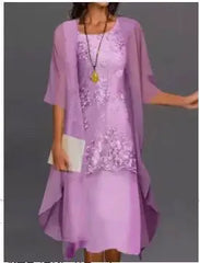 Evening wear Dresses: Round Neck Lace Chiffon Irregular Cardigan dress set