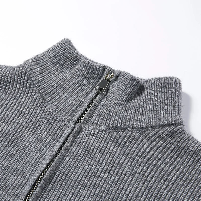 Half high collar sweater for men with black and white striped knit bottom