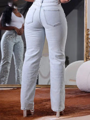 Plus Size Women's Beading Jeans High Waist Slim Casual Denim Pant