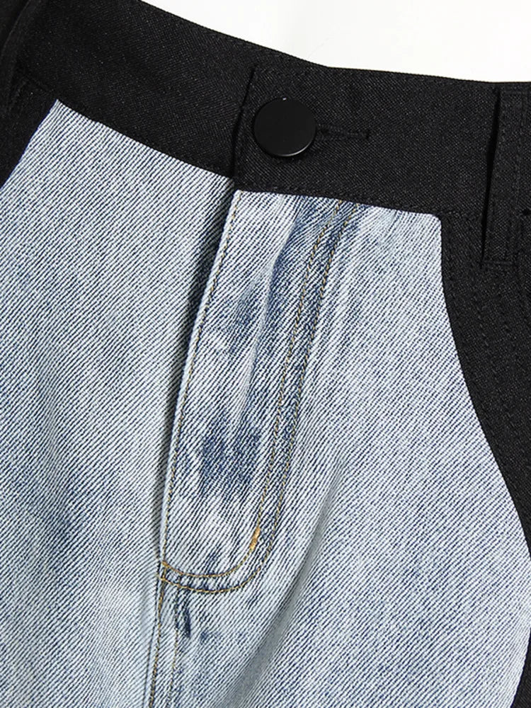 Women's Jeans High Waist Black Blue Wave Spliced Straight Tube Wide Leg Denim