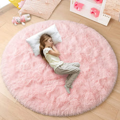 Pink Round Carpet Fluffy Soft Area Rugs for Kids Girls Room Princess Castle Plush Shaggy