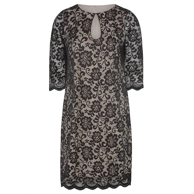 Plus Size Spring Autumn Elegant Lace Dress Women Keyhole Sleeve Midi Party Dress
