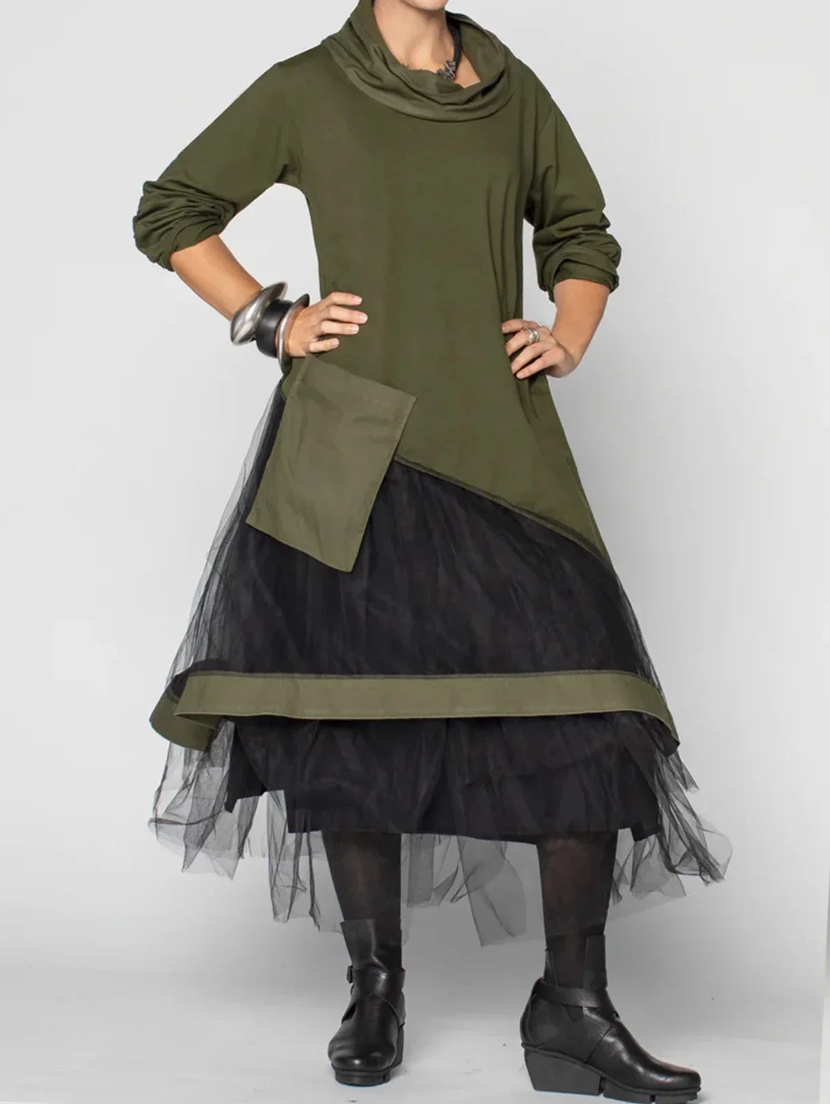 Plus Size Women's Dress Cowl Neck Patchwork Mesh Tiered Long Sleeve Maxi Dress