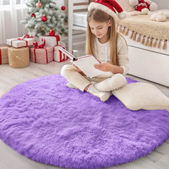 Purple Round Fluffy Carpet for Kids, Soft Area Rug for Girls Room, Princess Castle Plush