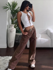 Women Wide Leg Baggy Brown Jeans Lady Vintage Y2K Punk High Waist Loose Denim