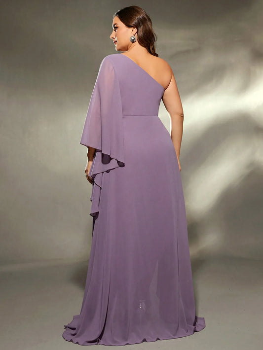 Mgiacy plus size One shoulder large long sleeve irregular lotus towel chiffon long dress