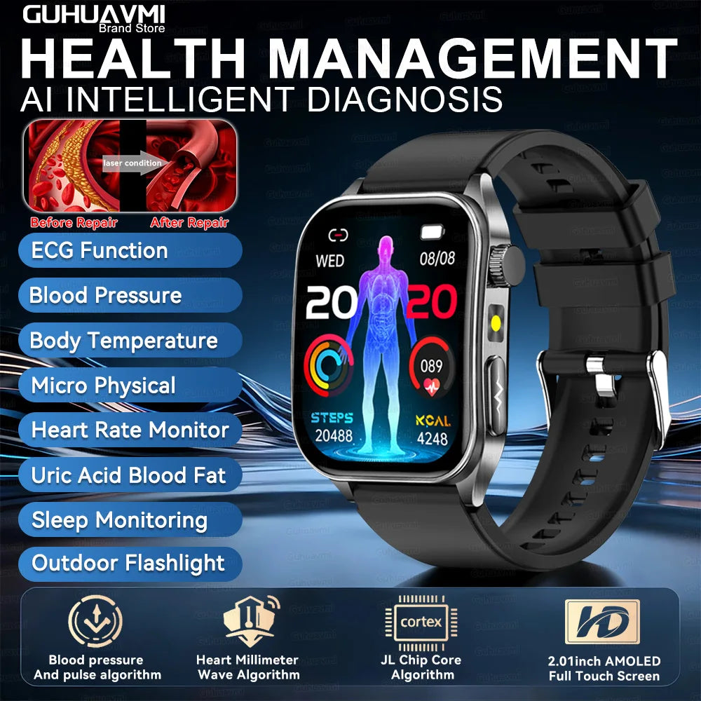 2025 New Blood Pressure 650nm Laser Therapy Diagnosis Smartwatches Men Women Clock Uric Acid Lipid Heart rate Smart Watch IOS
