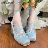 Pink Silk Cross-strap Ballet Shoes Sweet Girl Square Toe High Heels Women Pumps