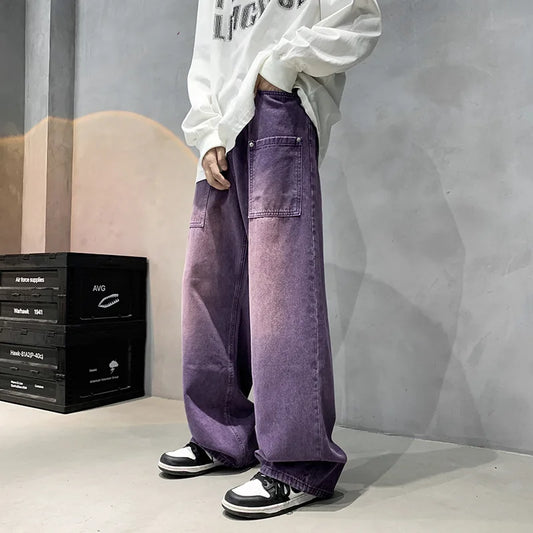 Purple Wide Jeans for Men Ins Fashion Hip Hop Denim Trousers Vintage Casual Pants