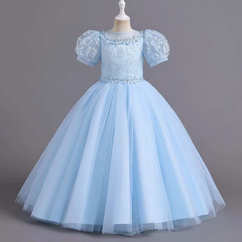 Children's Dress for Girls' 4-12 years old Princess Sequin Bubble Sleeve Long Mesh Flower Girl Wedding Little Summer