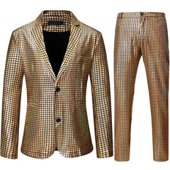 Mens Stage Prom Suits Shiny Rainbow Plaid Sequin Jacket Pants