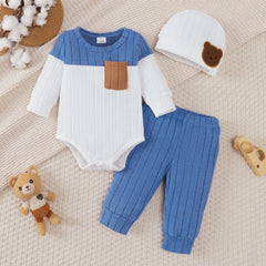 3PCS Newborn Baby Boy Clothes Set Long Sleeved Color Blocked Bodysuit+Gray Pants+Hat Autumn Clothing for Toddlers 1-18 Months
