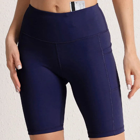 CHRLEISURE Women Yoga Shorts with 3 Pockets Seamless Gym Fitness Tights Elastic Cycling Shorts Female Solid Color Leggings