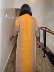 Formal attire Dresses: Maxi Pleated Miyake Dresses Women Color Contrast O-Neck