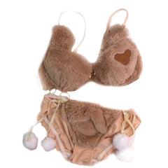 Womens Lolita Kawaii 2pcs Bra Panty Set Cute Bear Embroidery Fluffy Faux