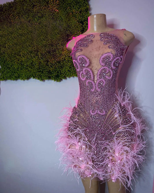 Evening wear Dresses: Cocktail Gowns Sheer Pink Feather Mini Short Prom Dresses