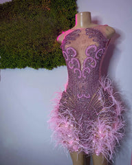 Evening wear Dresses: Cocktail Gowns Sheer Pink Feather Mini Short Prom Dresses