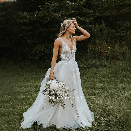 White Bridesmaid Dresses: Wedding Dress Boho A-line Backless Elegant Floral Appliques