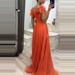 Women Maxi Dress Elegant Lady O Neck Short Ruffled Sleeve A Line Dress