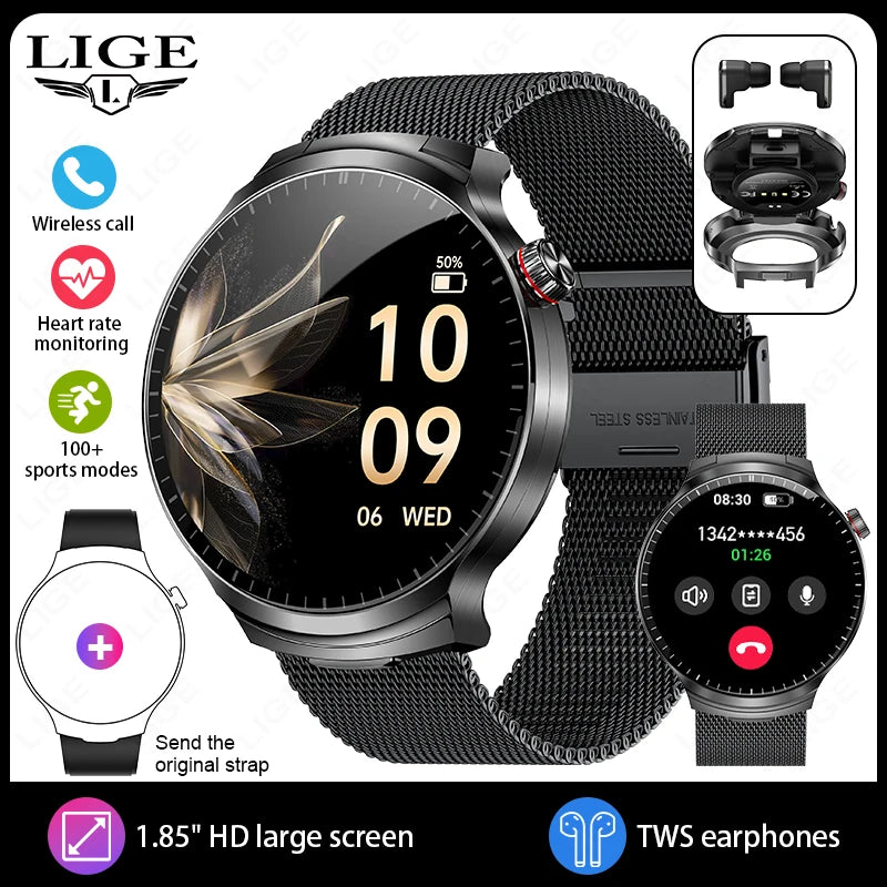 LIGE 2025 New TWS 2-In-1 Headset Smart Watch 1.85" Bluetooth Call Men Earphone Smartwatch Heart Rate Health Monitor Music Watch