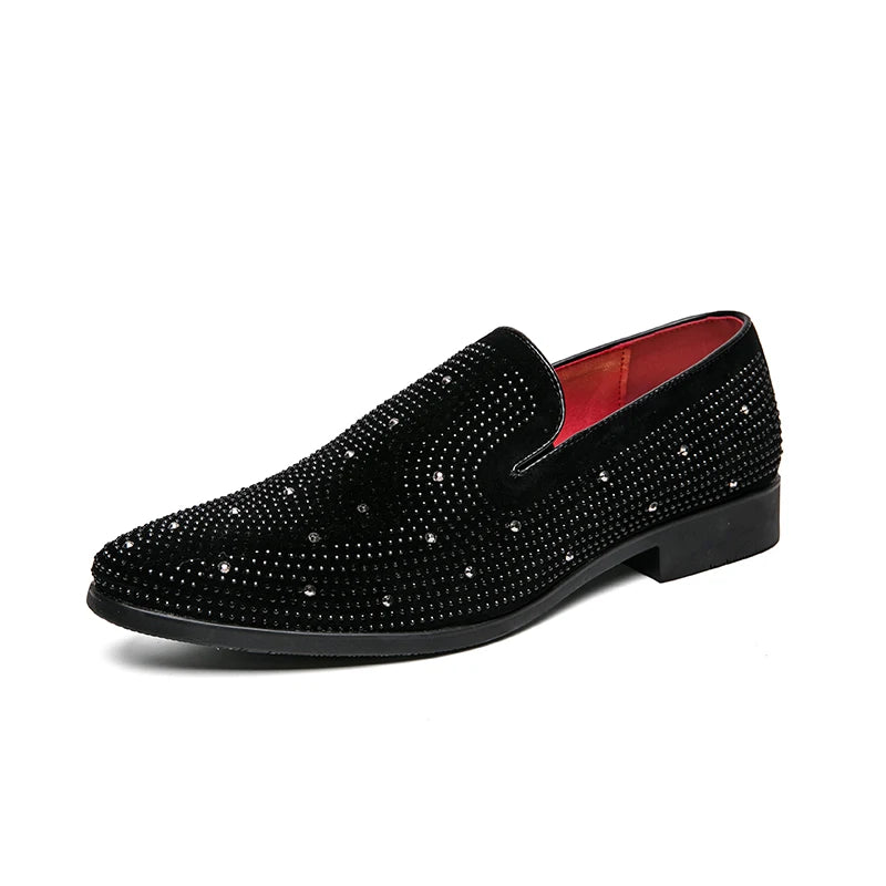 Black Rhinestone Men loafers Gold Spiked Rivets Formal Men Casual Shoes