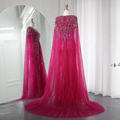 Evening wear Dresses: Evening Dresses with Cape Fuchsia Crystal Gold Elegant