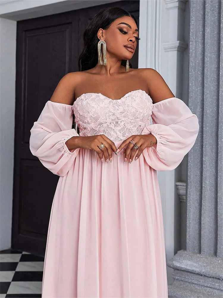 Women Plus Size Maxi Dresses Lace Patchwork Strapless Dress