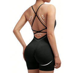 Yoga Criss Cross Backless Cami Sports Romper,Women's Jumpsuits Ribbed One Piece