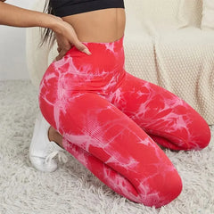 Seamless Tie Dye Bleach Sport Leggings Women Tummy Control Push Up Elastic Yoga Pants