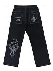 Women's Skeleton Embroidery Jeans, Men's Casual Street Style Loose Fit Jeans