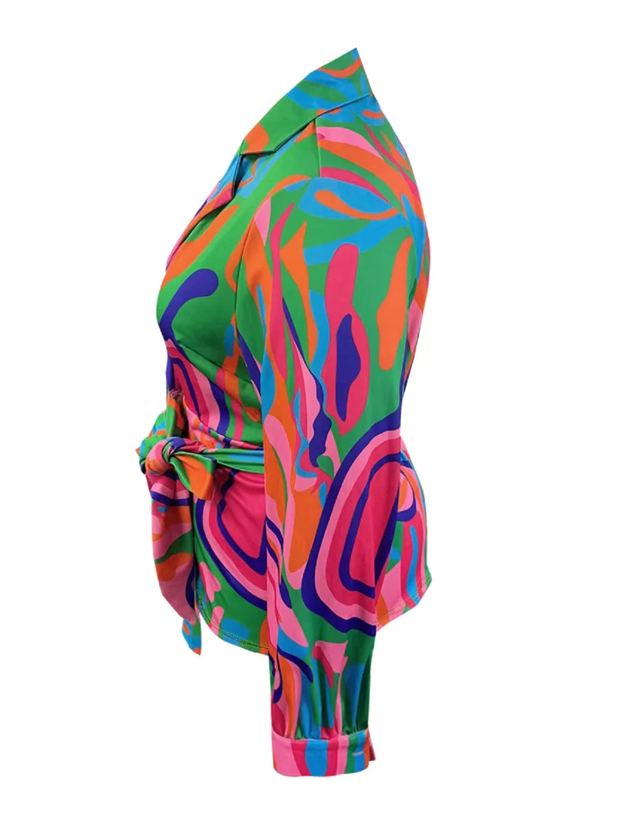 5XL LW Plus Size Spring Women Bandage Design Long Sleeve Turndown Collar