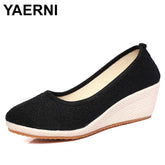 Women Pure Color Vintage Hemp Wedge Pumps Round Toe Casual Lady Mid Heel