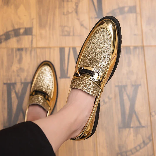 Shoes Male Flats Loafers Black Patent Leather black gold Loafers Handmade